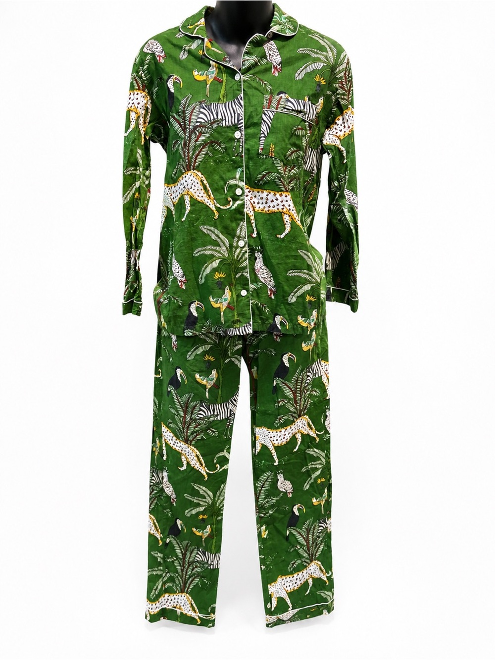 3 Piece Cotton Pajama Set Jungle Safari Animal Print Shirt Pants Shorts Small - Picture 7 of 10